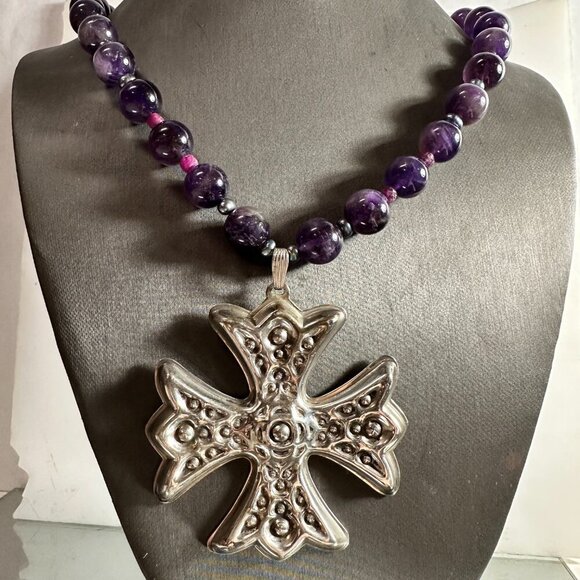 Maltese Cross Sterling Silver Genuine Ruby Tahitian Pearls Amethyst Necklace 925 - Picture 6 of 10